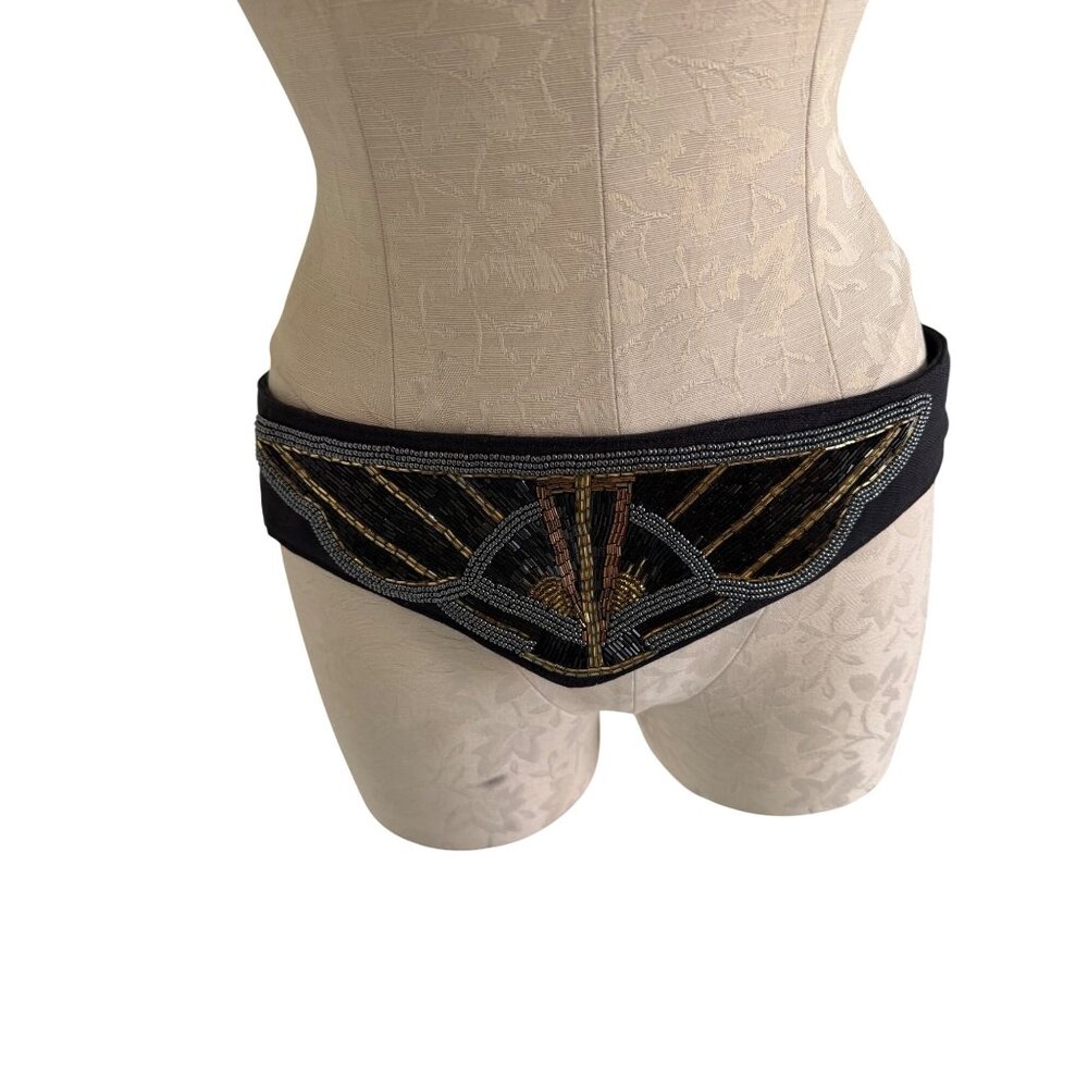 Michiko Womens Beaded Statement Belt Size Medium Black Gold Silver Vintage